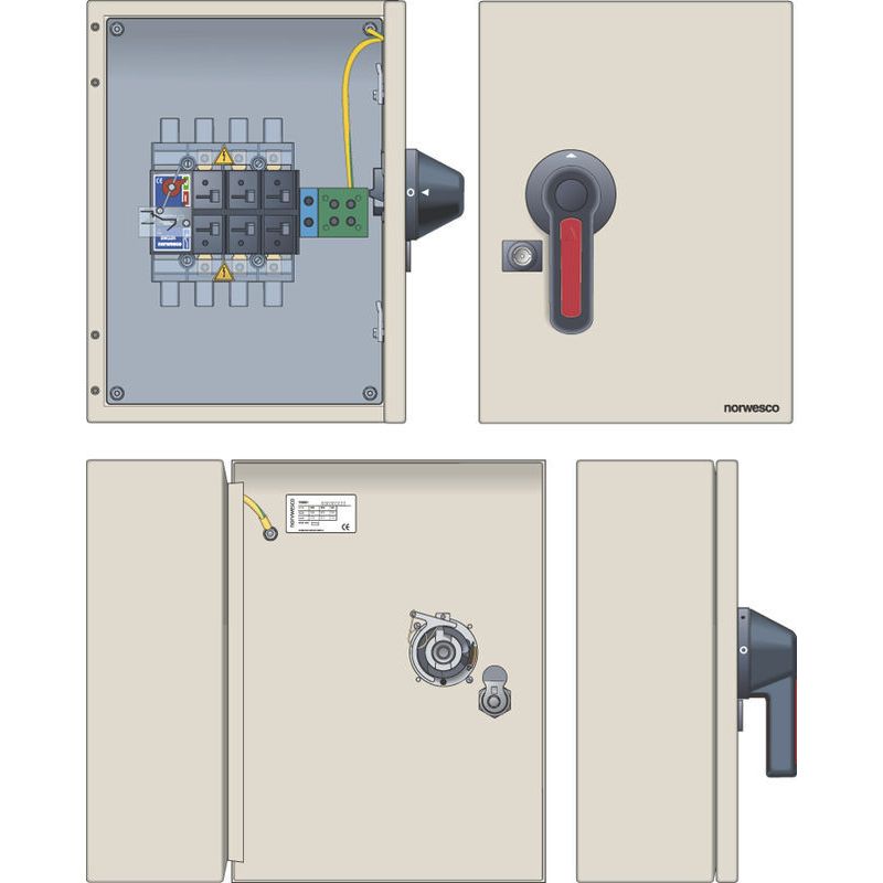 Turvakytkin Norwesco ESWM5 3160H, edestä väännettävä, 3x160A+apukosketin, 415V, 75kW, IP65, harmaa