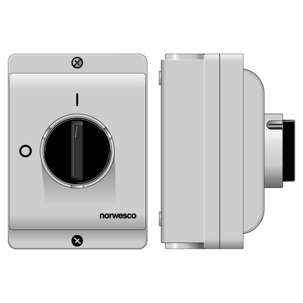 Turvakytkin Norwesco ESWP1 325H, edestä väännettävä, 3x25A+apukosketin, 4xM25 läpivientiä, 500V, 11kW, IP65, harmaa