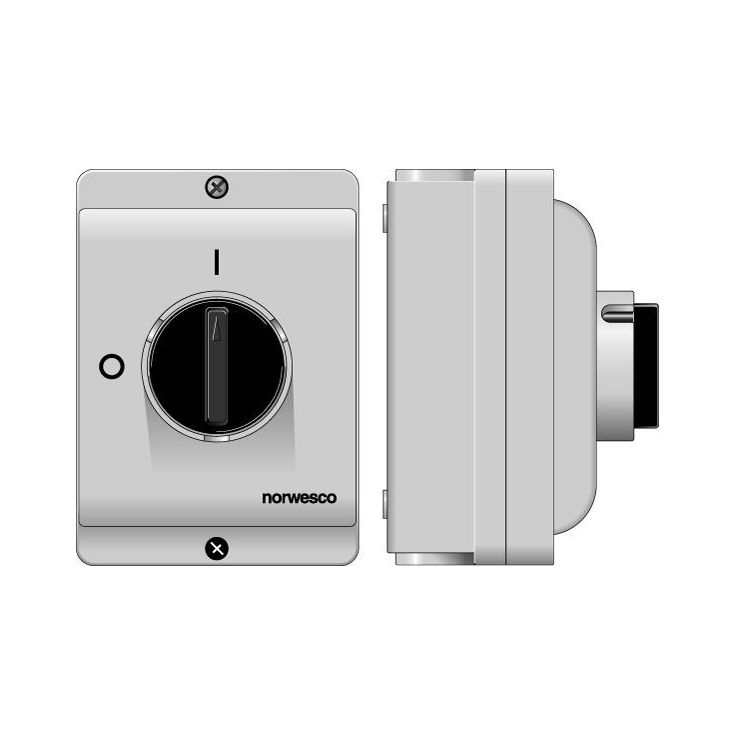 Turvakytkin Norwesco ESWP1 325, edestä väännettävä, 3x25A, 4xM25 läpivientiä, 500V, 11kW, IP65, harmaa