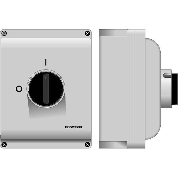 Turvakytkin Norwesco ESWP2 340, edestä väännettävä, 3x40A, 4xM32+2xM16 läpivientiä, 500V, 15kW, IP65, harmaa