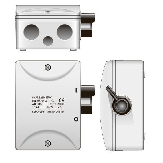 Turvakytkin Norwesco EMC SAM325H, sivusta väännettävä, 3x25A+apukosketin, 500V, 11kW, IP65