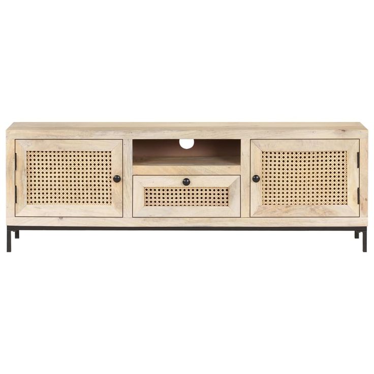 TV-taso 120x30x40 cm täysi mangopuu ja luonnollinen ruoko (23510)