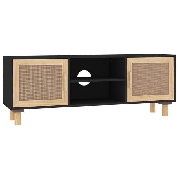 TV-taso musta 105x30x40 cm täysi mänty ja luonnonrottinki (45616)