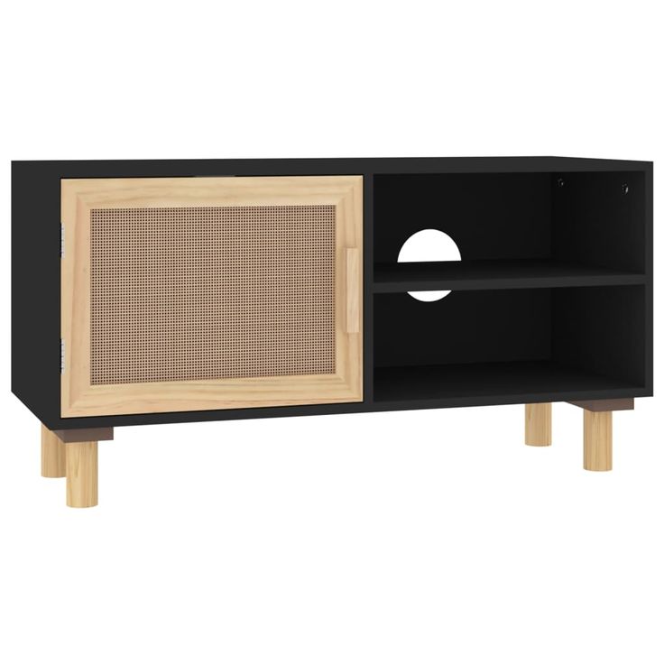 TV-taso musta 80x30x40 cm täysi mänty ja luonnonrottinki (45613)