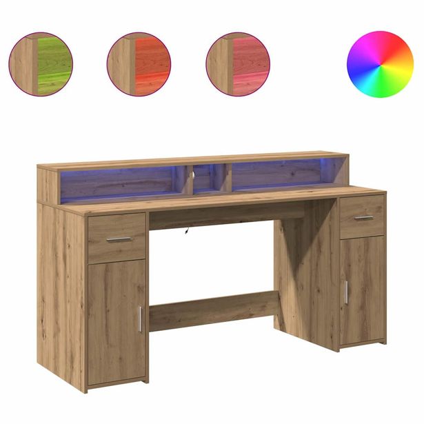 Työpöytä LED-valoilla artesaani tammi 160x55x91 cm tekninen puu (09437)
