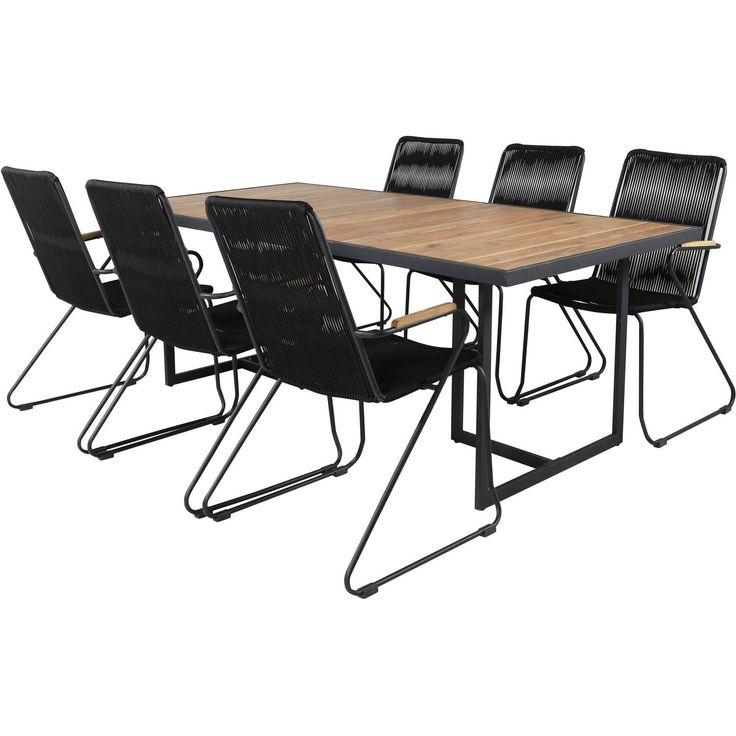 Ruokailuryhmä Venture Home, 200x100cm Khung-pöytä + 6 mustaa Bois-tuolia
