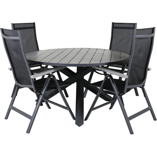 Ruokailuryhmä Venture Home, ø140cm Parma-pöytä + 4 tummanharmaata Albany-tuolia