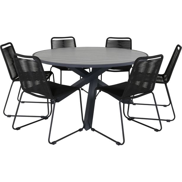 Ruokailuryhmä Venture Home, ø140cm Parma-pöytä + 6 mustaa Lindos-tuolia