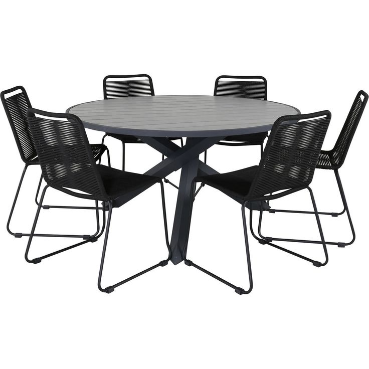 Ruokailuryhmä Venture Home, ø140cm Parma-pöytä + 6 mustaa Lindos-tuolia