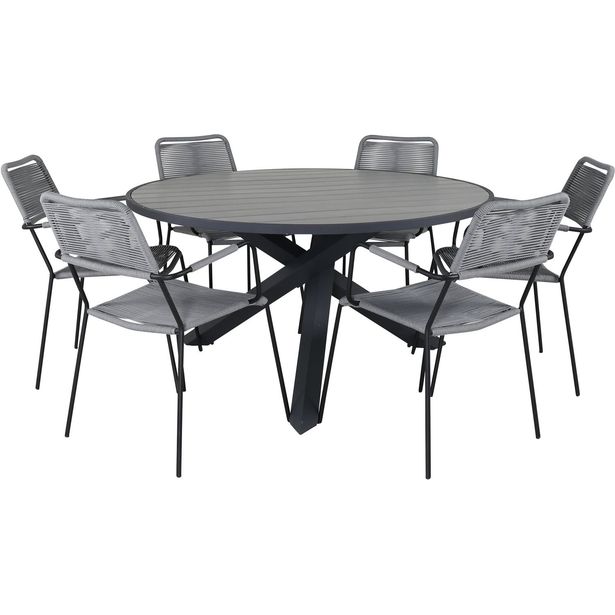 Ruokailuryhmä Venture Home, ø140cm Parma-pöytä + 6 harmaata Lindos-tuolia