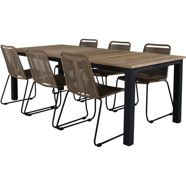Ruokailuryhmä Venture Home, 220x100cm Panama-pöytä + 6 ruskeaa Lindos-tuolia