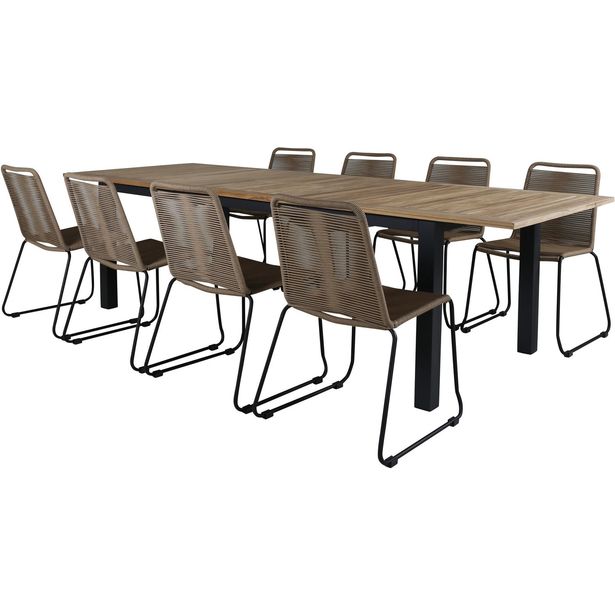 Ruokailuryhmä Venture Home, 220x100cm Panama-pöytä + 8 ruskeaa Lindos-tuolia