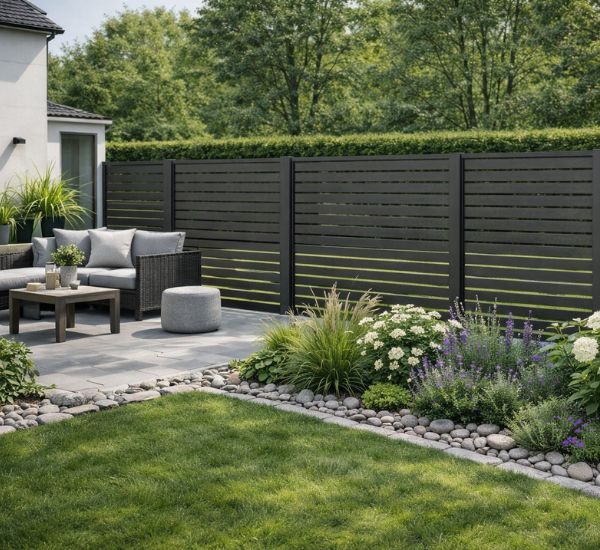 Aitaelementti Palmako Nina1 GYPNT modernilla pihalla – AI-havainnekuva