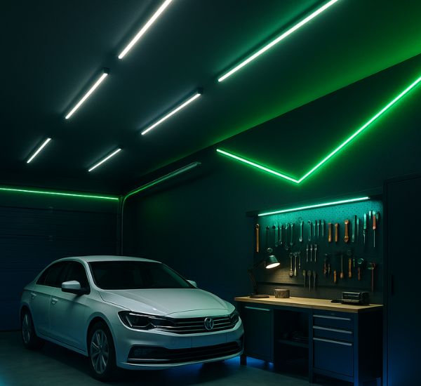 Älyvalaistu moderni autotalli, jossa valaistustilat säätyvät automaattisesti