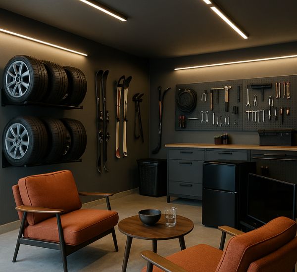 Modernisti sisustettu autotalli, jossa on nojatuoleja ja säilytysratkaisuja