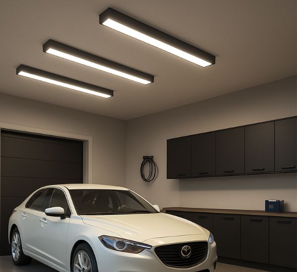 Lineaariset LED-paneelit autotallin katossa modernin ilmeen luomiseksi