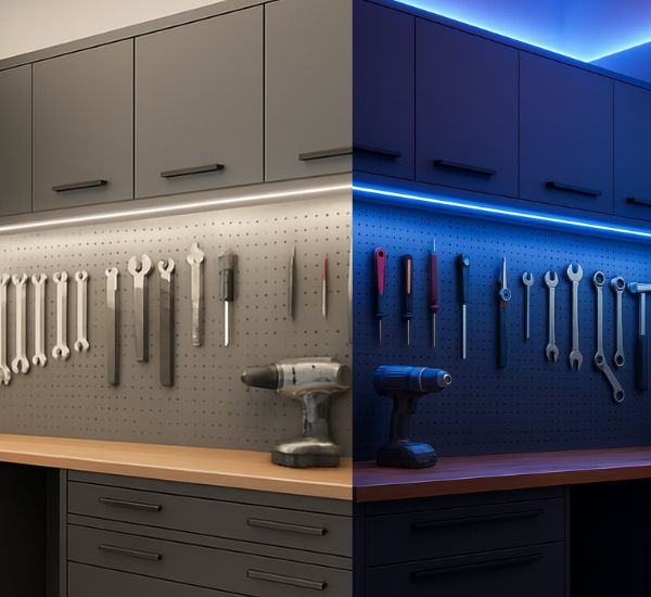 Moderni LED-profiilivalo työpisteessä autotallissa