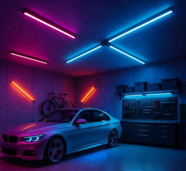 Moderni autotalli värillisillä LED-nauhoilla ja RGB-valaistuksella