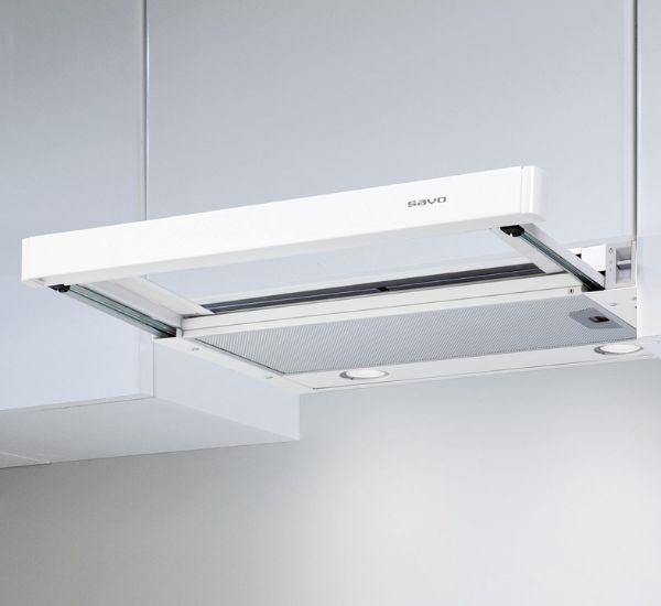Valkoinen 60 cm leveä Savo P-2406-W -liesituuletin ulosvedettävällä lasilipalla