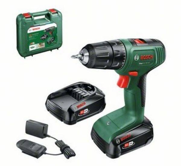 Akkuporakone Bosch EasyDrill 18V-40 kahdella 2,0 Ah:n akulla, laturilla ja kantolaukulla