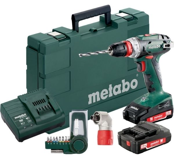 Akkuporakone Metabo BS 18 Quick kahdella 2,0 Ah:n akulla, kulma-adapterilla ja kärkisarjalla