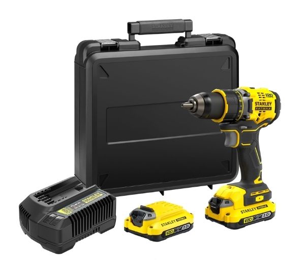 Akkuporakone Stanley FatMax V20 SFMCD720D2K-QW kahdella 2,0 Ah:n akulla ja salkulla
