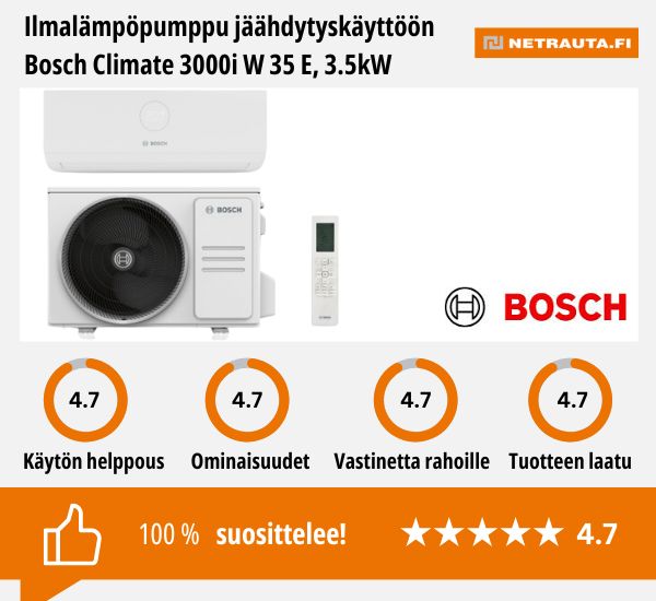 Ilmalämpöpumppu jäähdytyskäyttöön Bosch Climate 3000i W 35 E 3.5kW kokemuksia