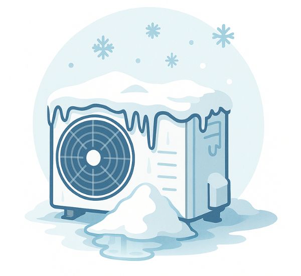 Ilmalämpöpumpun ulkoyksikkö talvella, jäätyminen ja sulatusvedet