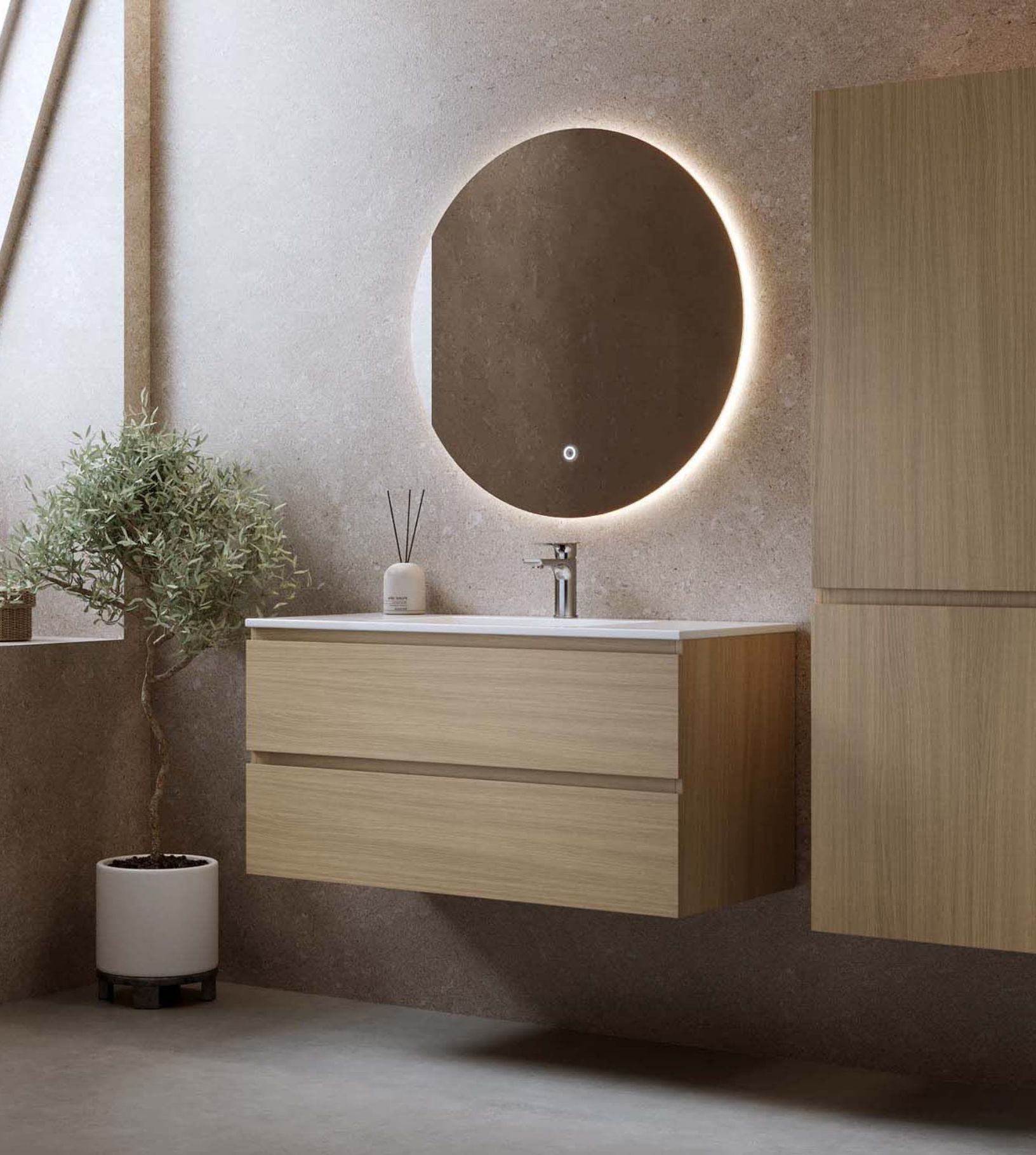 Allaskaappi pesualtaalla Bathlife Eufori, vaalea tammi – käytännöllinen ja helppohoitoinen kaluste moderniin kylpyhuoneeseen