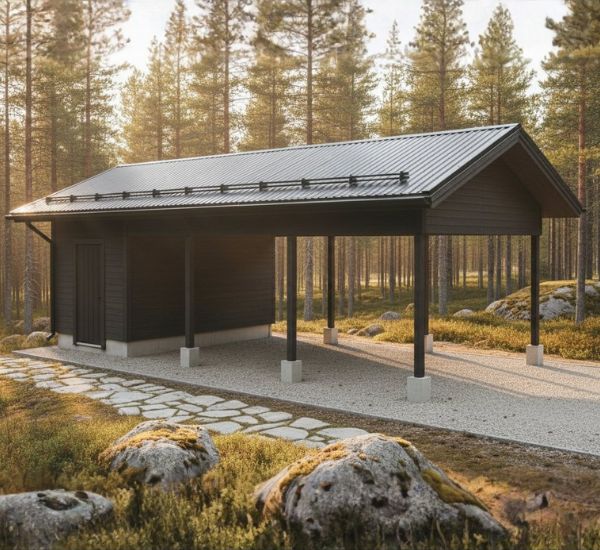 Autokatos varastolla, runkopaketti Aarni (autokatos 27 m² + varasto 8 m²)