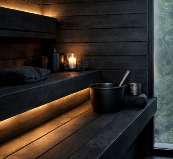 Moderni pihasauna tummilla sävyillä ja harkitulla valaistuksella