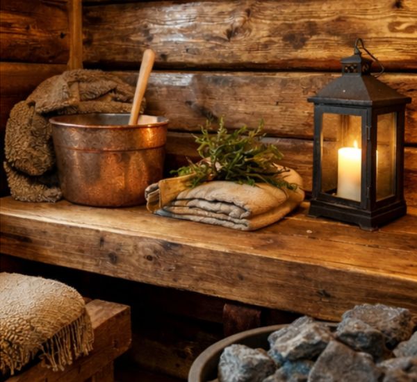 Perinteinen pihasauna luonnonpuulla ja lämpimällä tunnelmalla