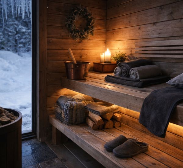 Pihasauna talvikäytössä, lämmin valaistus ja käytännöllinen sisustus