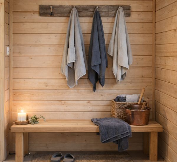 Pihasaunan pukuhuone, jossa naulakot ja selkeät säilytysratkaisut