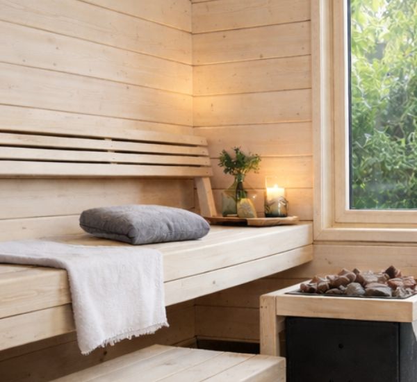 Skandinaavinen pihasauna vaaleilla puupinnoilla