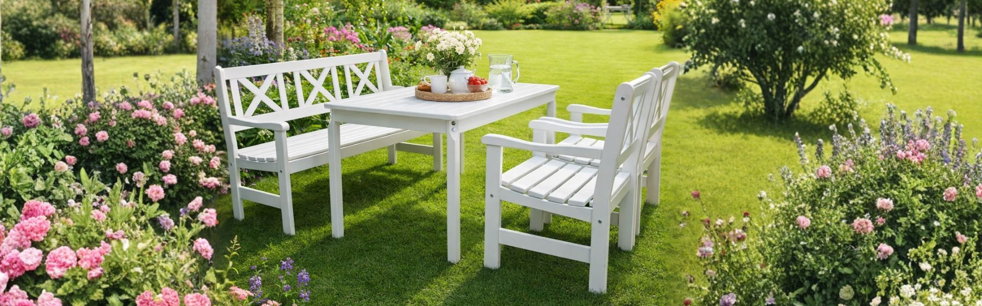 Terassikalusteet kauniissa puutarhassa